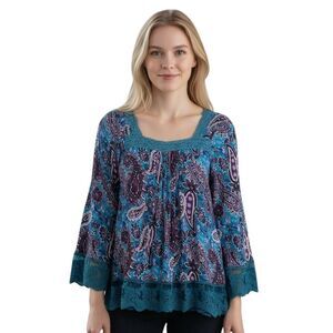 Sundance Blouse Womens Large Blue Purple Paisley 100% Silk Boho Crochet Lace Top